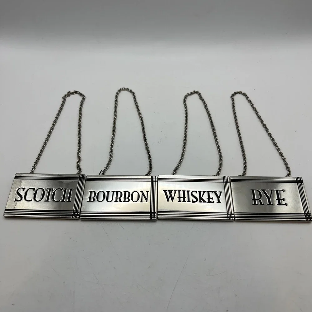 Godinger Silver Art Co Decanter Tags Labels Set of 4 Whiskey Bourbon Rye Scotch